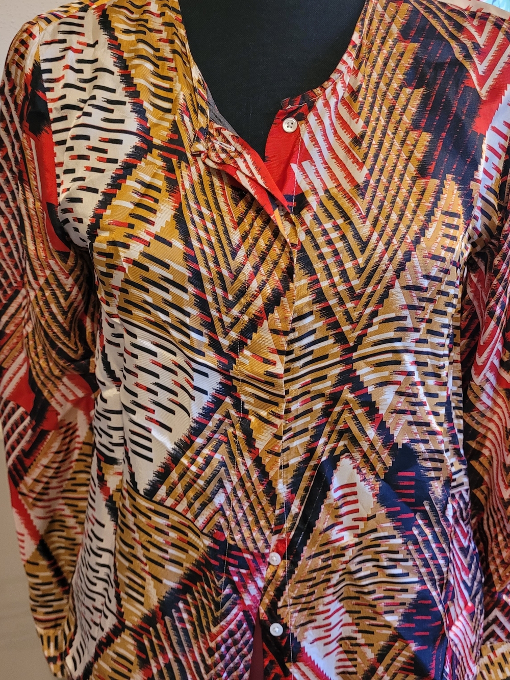 Abstract Geo-Print Button-Down Shirt in Red, Gold & Black